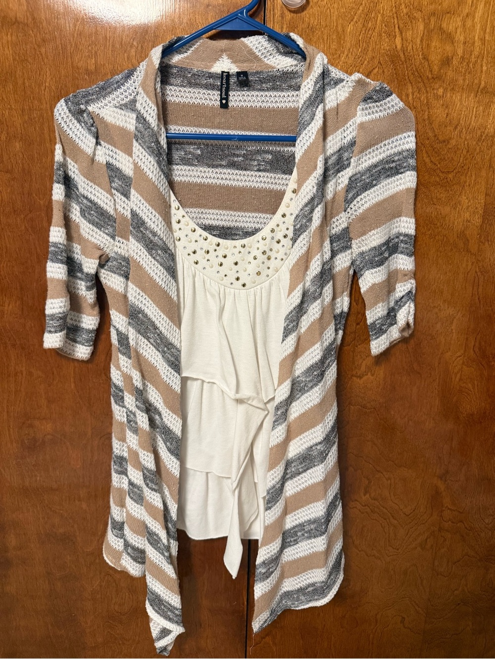 HeartSoul Tan, Gray & White Striped Open-Front Cardigan with Ivory Studded Tank